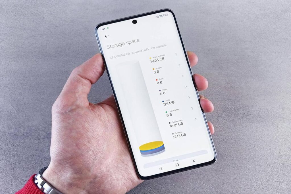 A hand holding a smartphone displaying phone storage usage statistics on screen